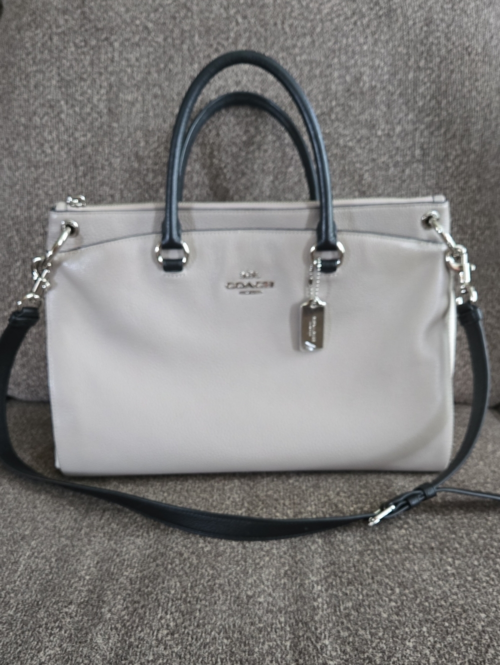 Coach Two-Tone Pebble Leather Satchel in Light Taupe, Cream With Black